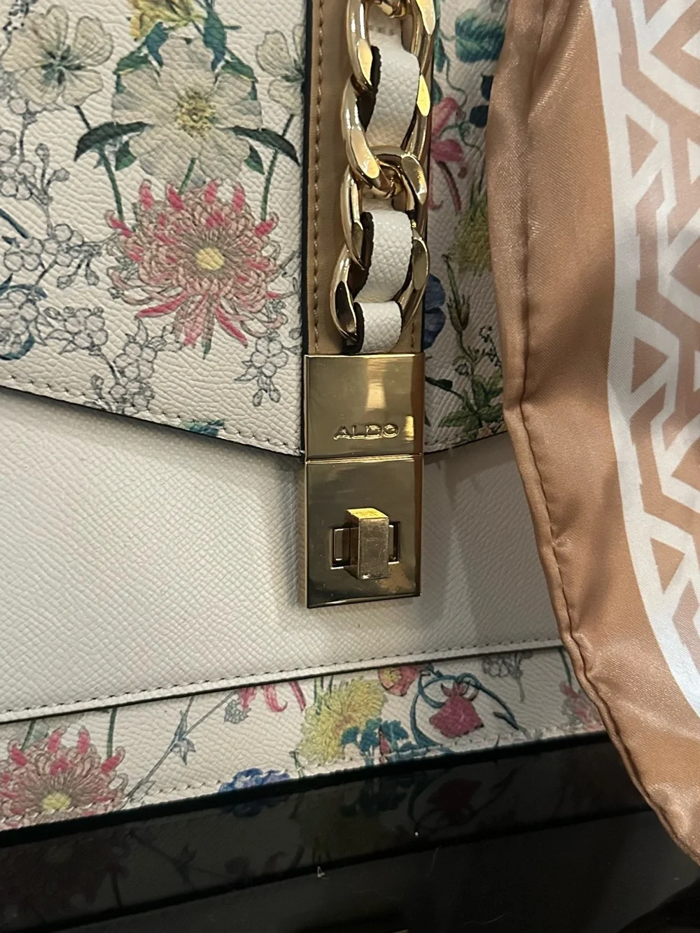 Aldo Floral Print Satchel with Tan Silk Scarf Accent